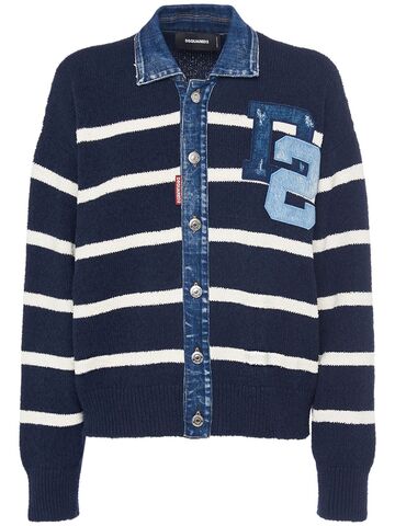 dsquared2 knit cotton & denim cardigan in navy / white