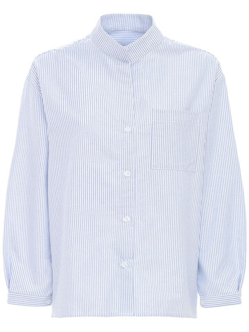 THE SLEEP SHIRT Striped Cotton Flannel Pajama Shirt in blue / white