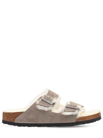 birkenstock arizona shearling & suede sandals in grey