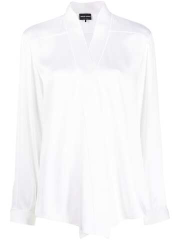 giorgio armani v-neck long-sleeves silk shirt - white