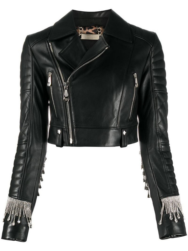 Philipp Plein crystal-fringe biker jacket in black