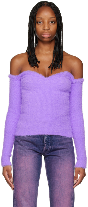 Off-White Purple Fuzzy Off-Shoulder Sweater in lilac