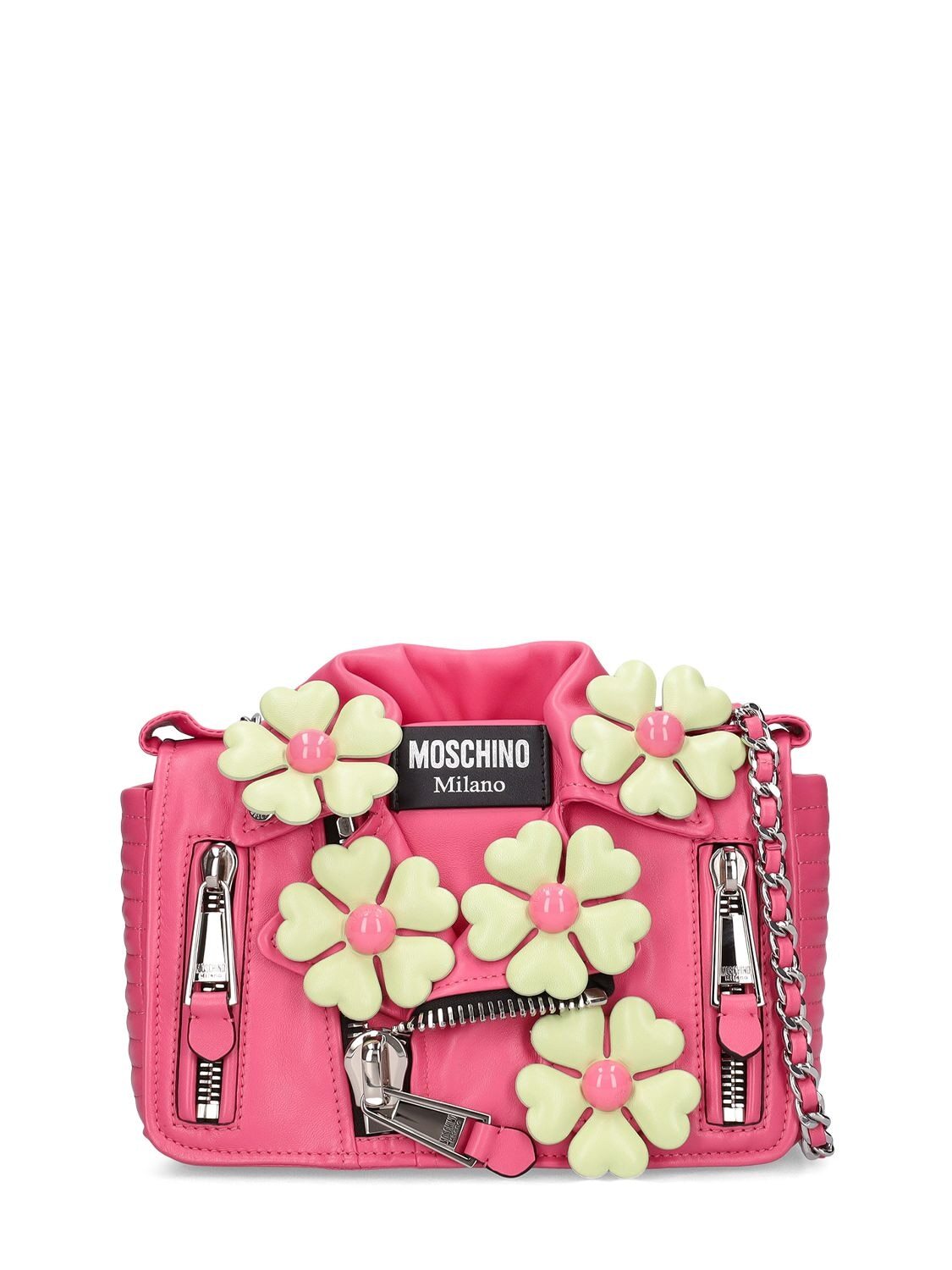 MOSCHINO Biker Flower Leather Shoulder Bag in pink