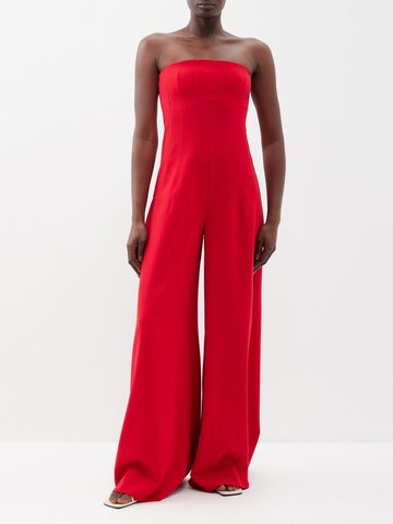 staud - benjamin strapless crepe wide-leg jumpsuit - womens - red
