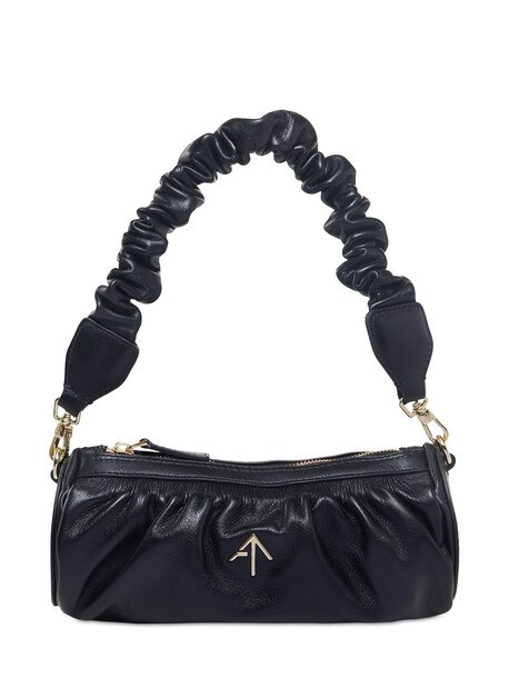 MANU ATELIER Ruched Mini Cylinder Chain Leather Bag in black