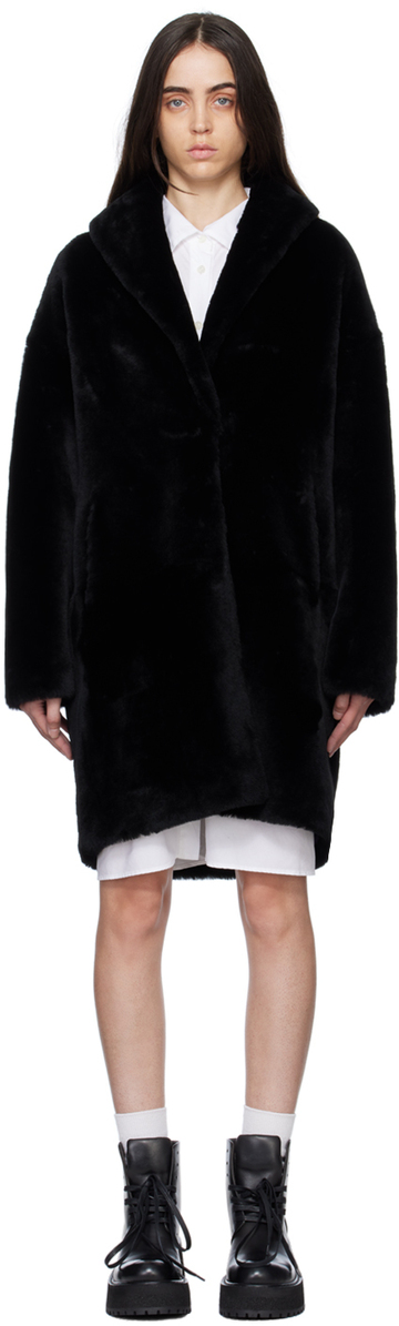 Yves Salomon - Meteo Black Shawl Collar Shearling Coat in noir