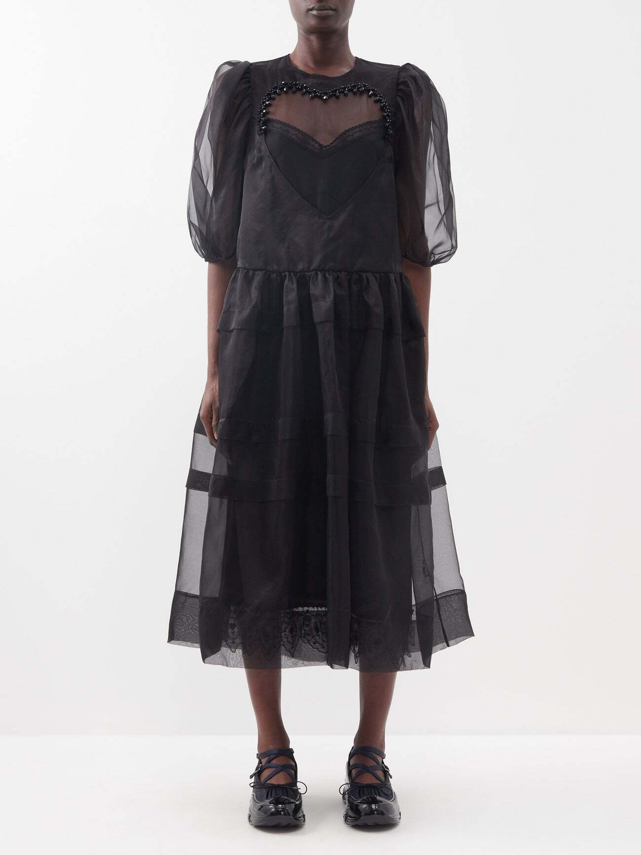 Simone Rocha - Beaded Heart-insert Silk-organza Midi Dress - Womens - Black