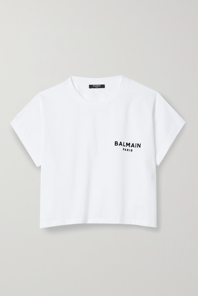 BALMAIN - Cropped Flocked Cotton-jersey T-shirt - White