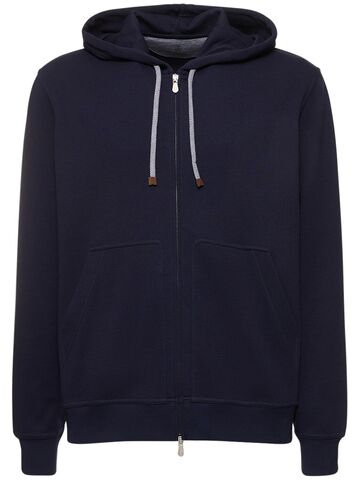 brunello cucinelli cotton blend zipped hoodie in blue