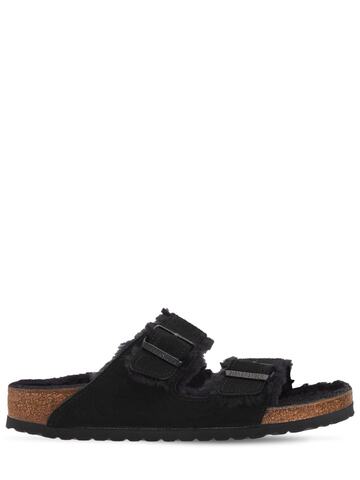 birkenstock arizona shearling & suede sandals in black