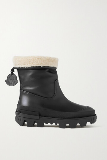 moncler - moscova faux fur-trimmed leather ankle boots - black