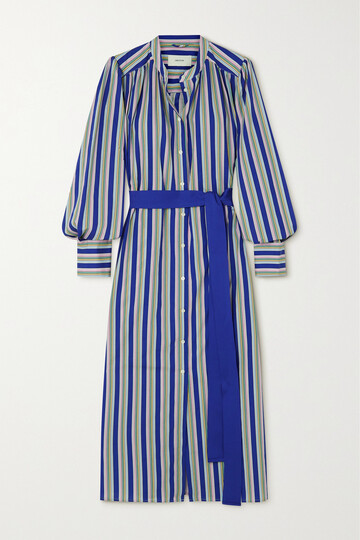 oroton - positano belted striped cotton midi shirt dress - blue
