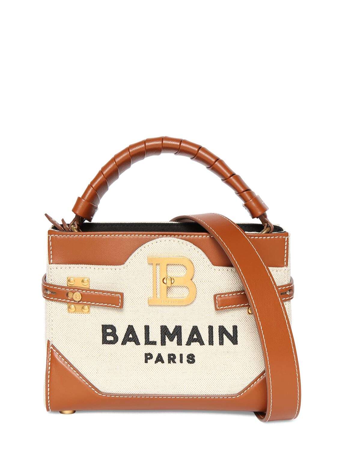 BALMAIN Bbuzz 22 Canvas & Leather Top Handle Bag in natural