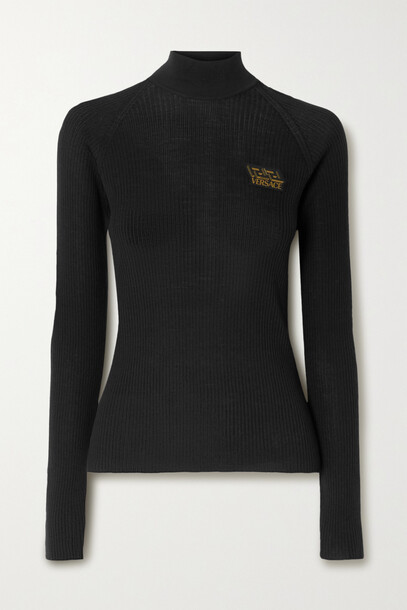 Versace - Appliquéd Ribbed Wool Turtleneck Sweater - Black