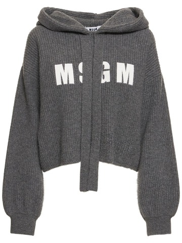 msgm logo oversized wool blend knit hoodie in grey