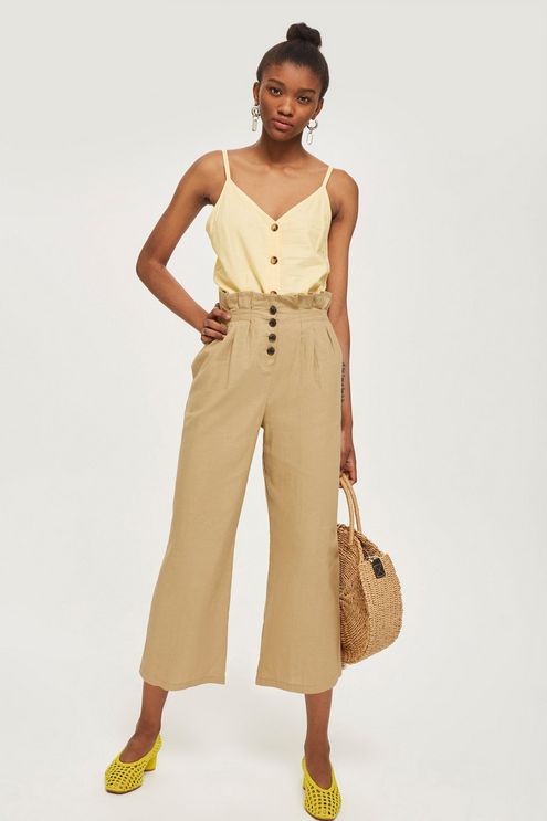 Button Crop Wide Leg Trousers - Trousers & Leggings - Clothing