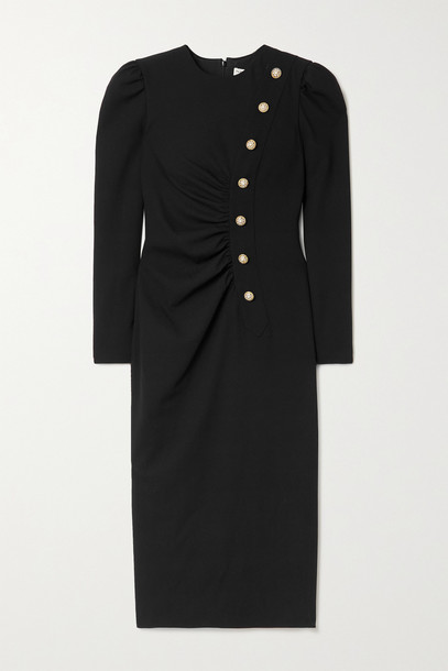 ALESSANDRA RICH - Ruched Embellished Wool-blend Crepe Midi Dress - Black