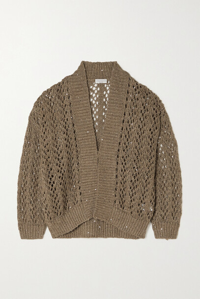 Brunello Cucinelli - Sequin-embellished Crochet-knit Linen And Silk Cardigan - Brown
