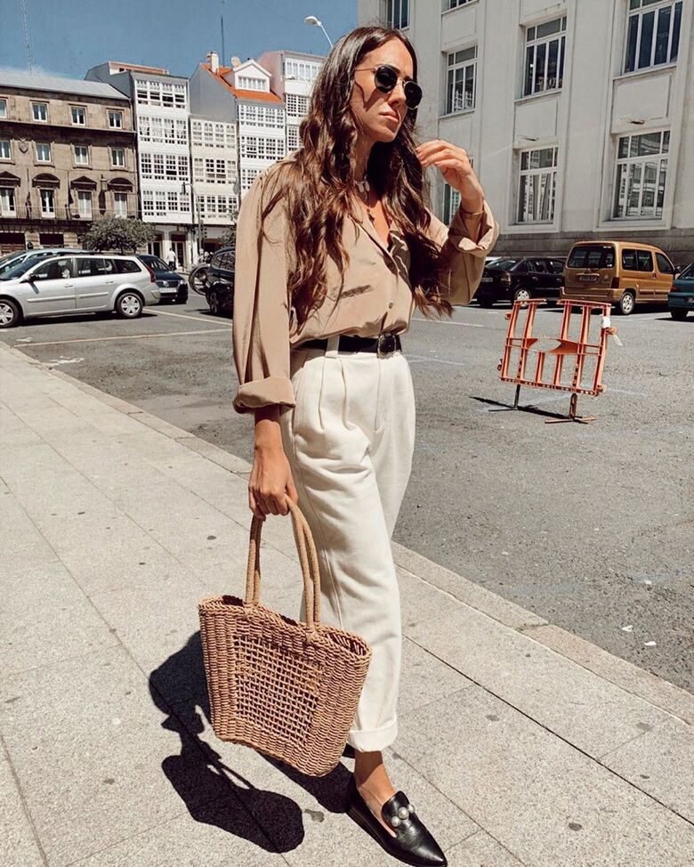 pants, high waisted pants, pleated, shirt, loafers, shoulder bag, woven ...