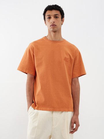 etro - logo-embroidered cotton-jersey t-shirt - mens - orange