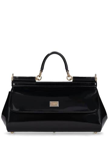 dolce & gabbana new sicily patent leather top handle bag in black