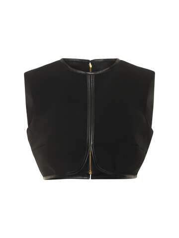 PRABAL GURUNG Scalloped Crop Top W/ Leather in black