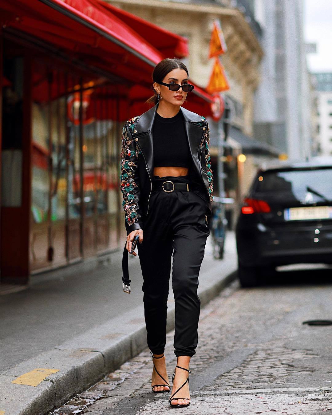 jacket, black leather jacket, embellished, elie saab, black sandals ...