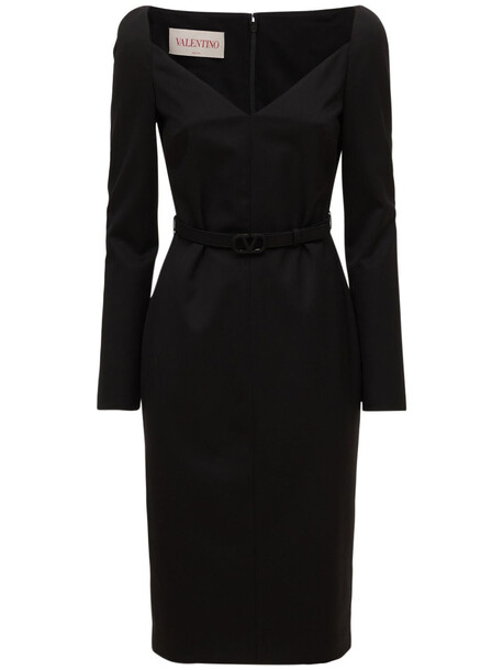 VALENTINO Belted Stretch Wool Midi Dress in black