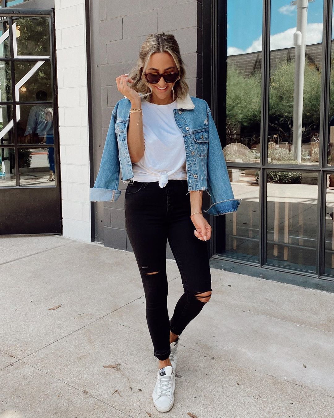 jeans, black jeans, ripped jeans, denim jacket, white sneakers, white t ...