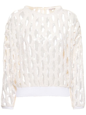 brunello cucinelli knit net sequined crewneck sweater in white