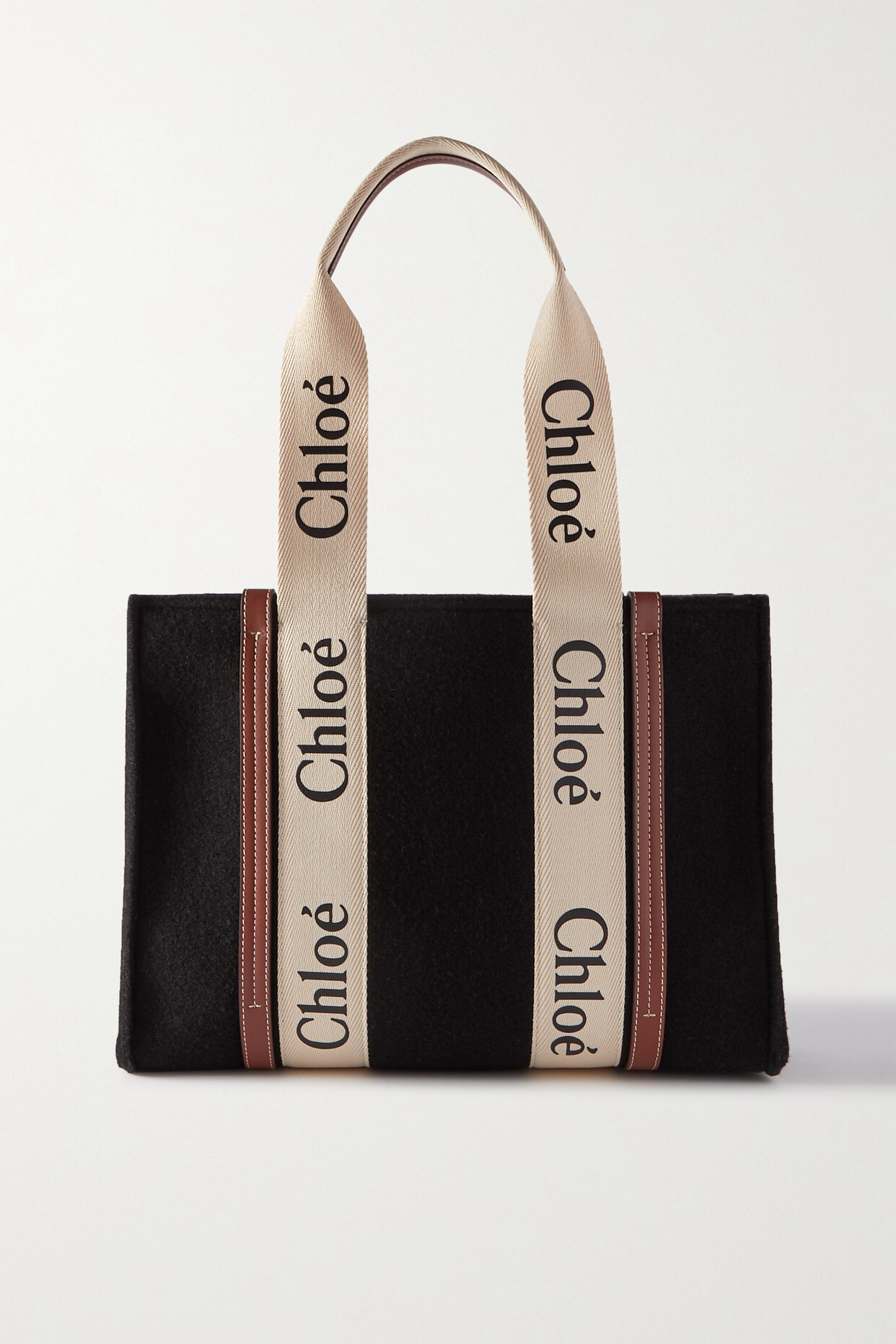 Chloé Chloé - Woody Medium Leather-trimmed Wool Tote - Black
