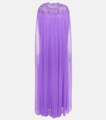 oscar de la renta lace-trimmed silk crêpe gown in purple