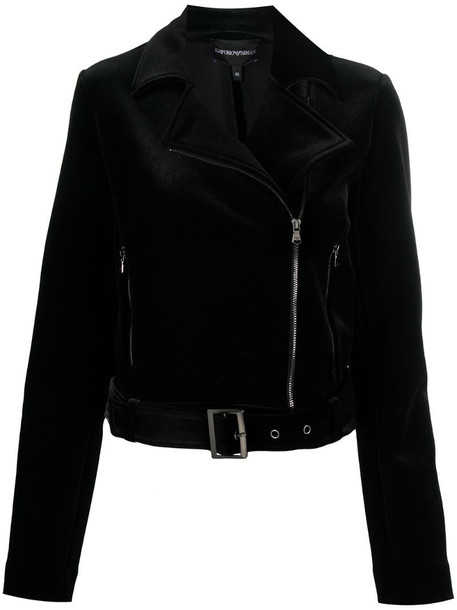Emporio Armani velvet detail biker jacket in black
