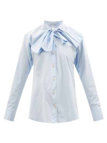 Palmer/harding Palmer//harding - Pussy-bow Striped Cotton-blend Poplin Shirt - Womens - Blue