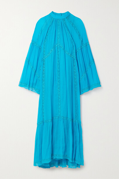 Etro - Lace-trimmed Plissé-silk Maxi Dress - Blue