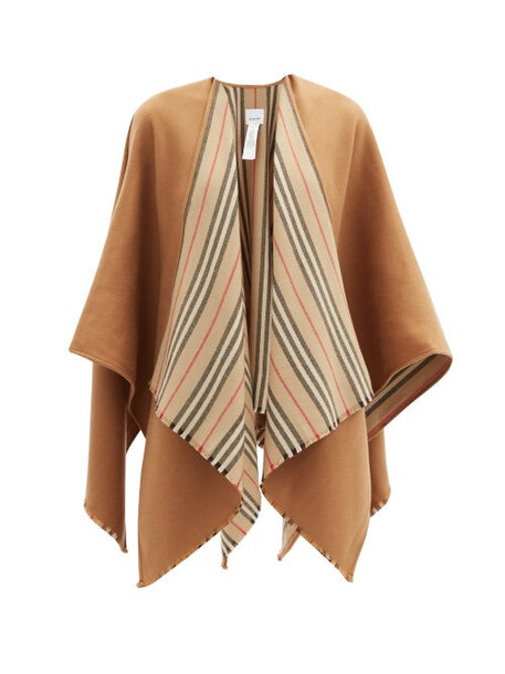 Burberry - Icon-stripe Fringed Wool Cape - Womens - Camel