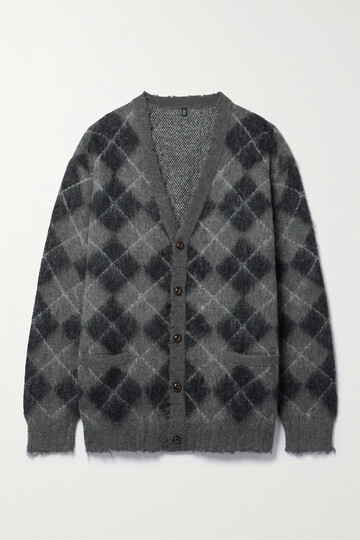 r13 - distressed oversized arygle brushed-knit cardigan - gray