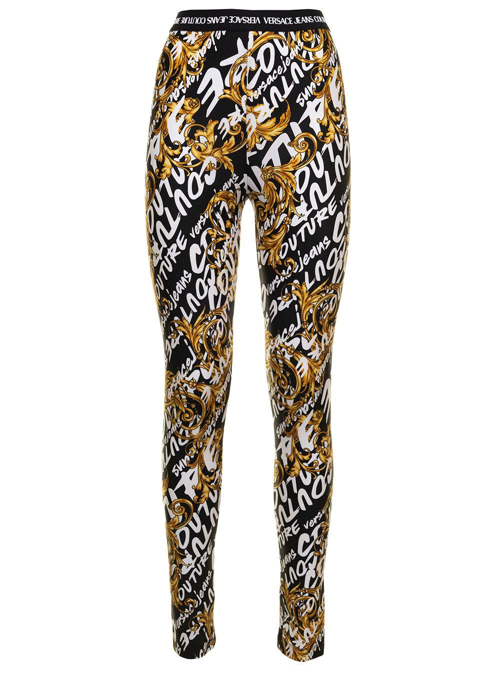 Versace Jeans Couture Versae Jeans Couture Womans Stretch Fabric Leggings With Brush Logo Print in black