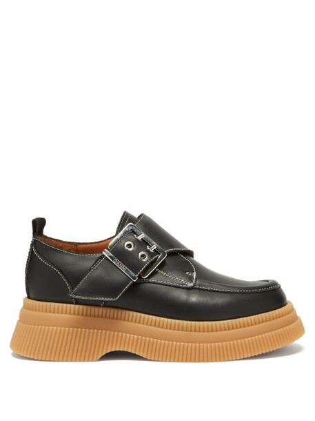 Ganni - Buckled Leather Flatform Monk Shoes - Womens - Black