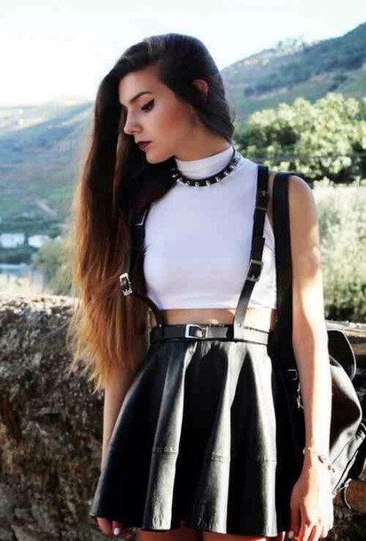 black leather overall skirt