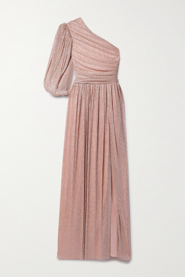 costarellos - morgan one-sleeve gathered plissé-lamé gown - pink