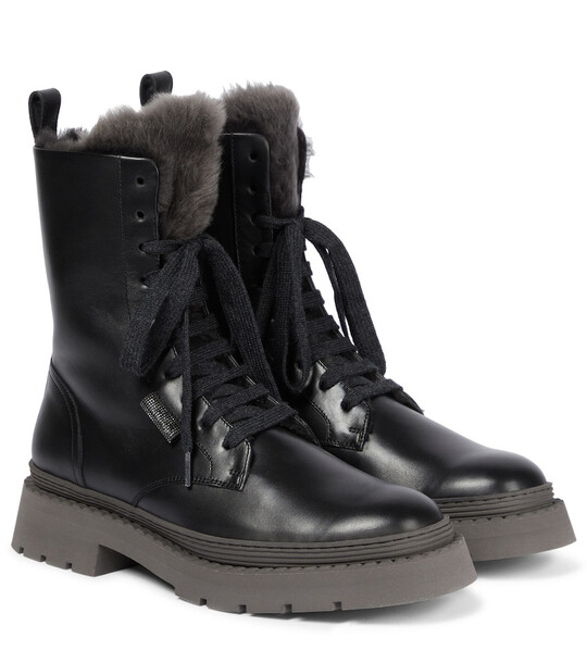 Brunello Cucinelli Exclusive to Mytheresa â Shearling-lined leather combat boots in black