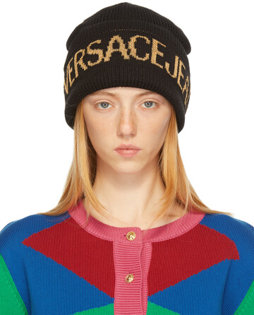 Versace Jeans Couture Black Wool Logo Beanie in nero