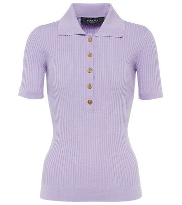 Versace Ribbed knit silk-blend polo top in purple