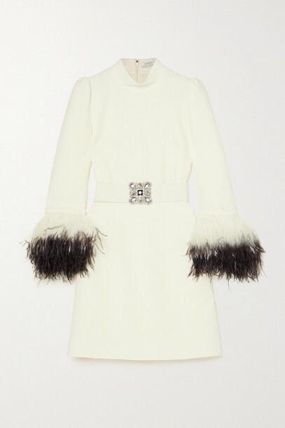 Andrew Gn - Feather-trimmed Crystal-embellished Belted Crepe Mini Dress - Off-white