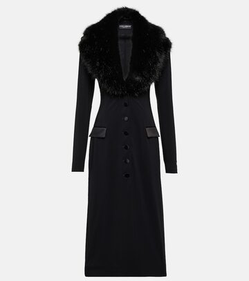 dolce&gabbana faux-fur trimmed silk georgette coat in black