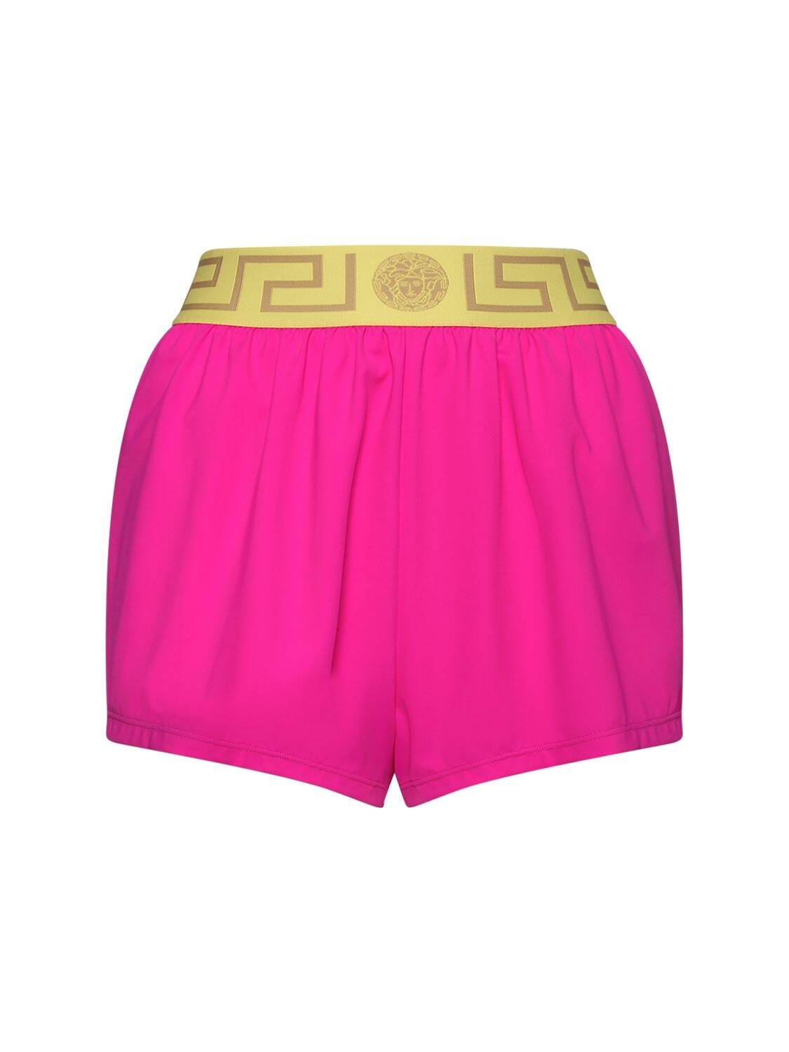 VERSACE Greek Logo Jersey Shorts in pink / yellow