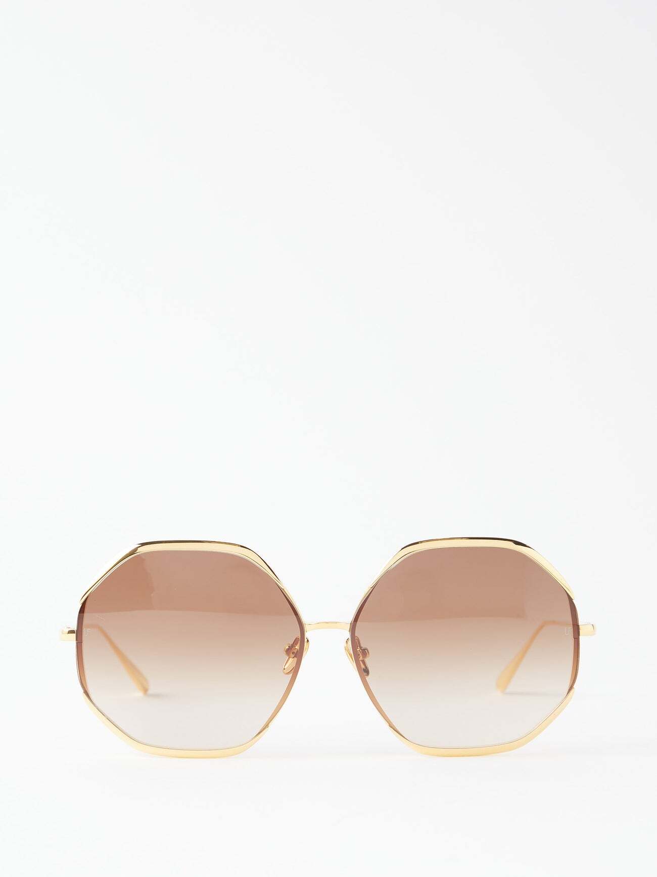 Linda Farrow - Camila Oversized Hexagonal Titanium Sunglasses - Womens - Gold Brown