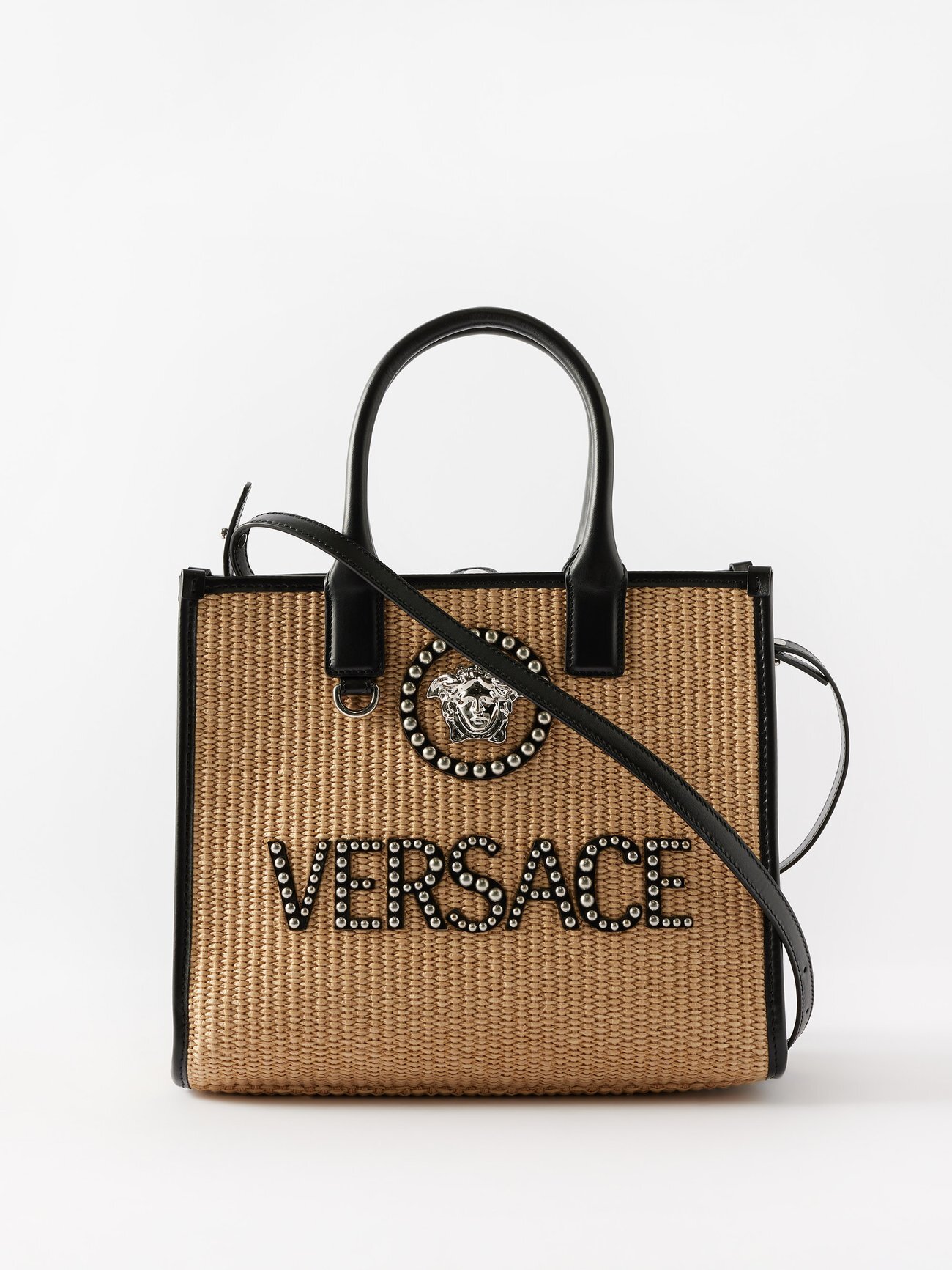 Versace - La Medusa Faux Raffia And Leather Tote Bag - Womens - Beige Black