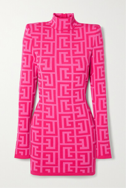 Balmain - + Barbie Jacquard-knit Wool-blend Turtleneck Mini Dress - Pink